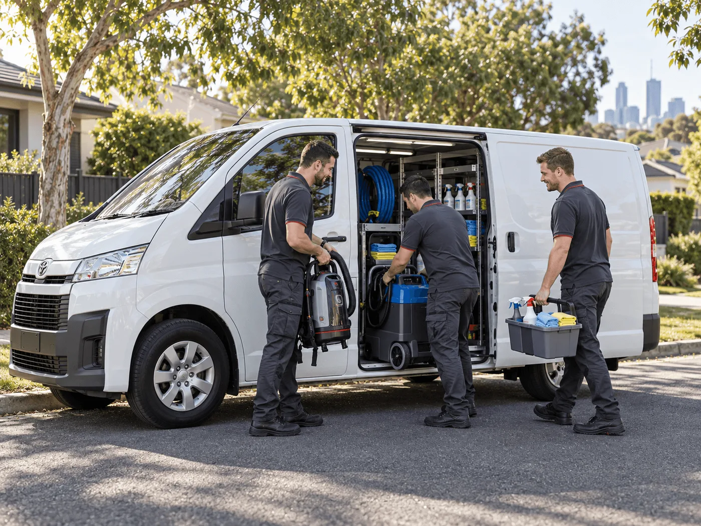 Three technicians loading vacuums and cleaning supplies from the service van at the start of a Melbourne job