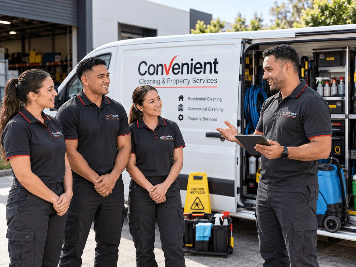 Supervisor running a morning safety briefing with the team beside the van