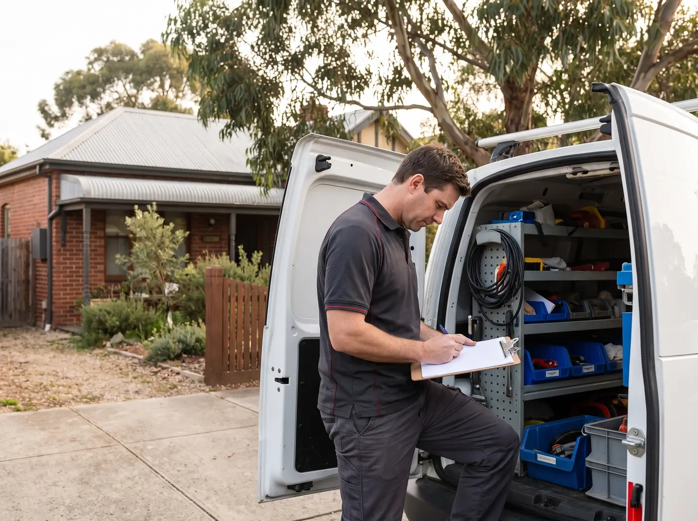 Technician checking job notes on a clipboard before starting work