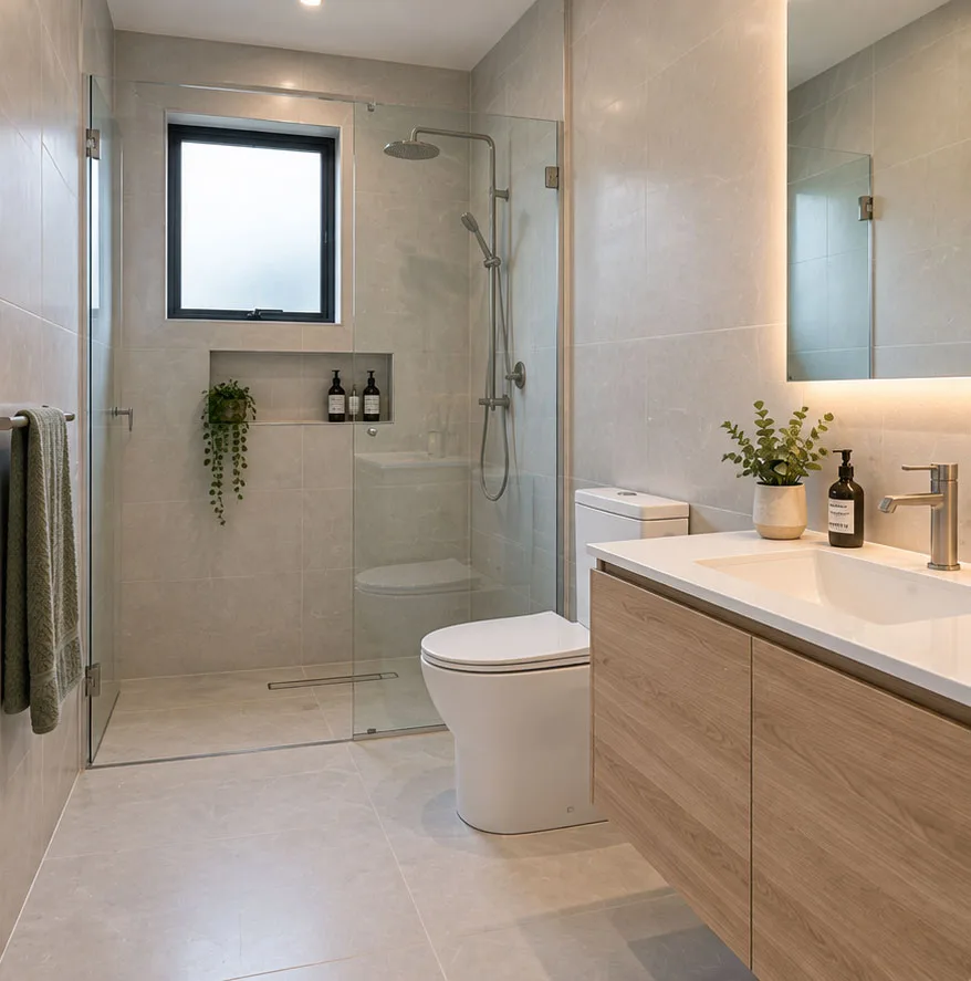 Same renovated bathroom handover-ready with tiled walls, clear shower glass and a polished vanity