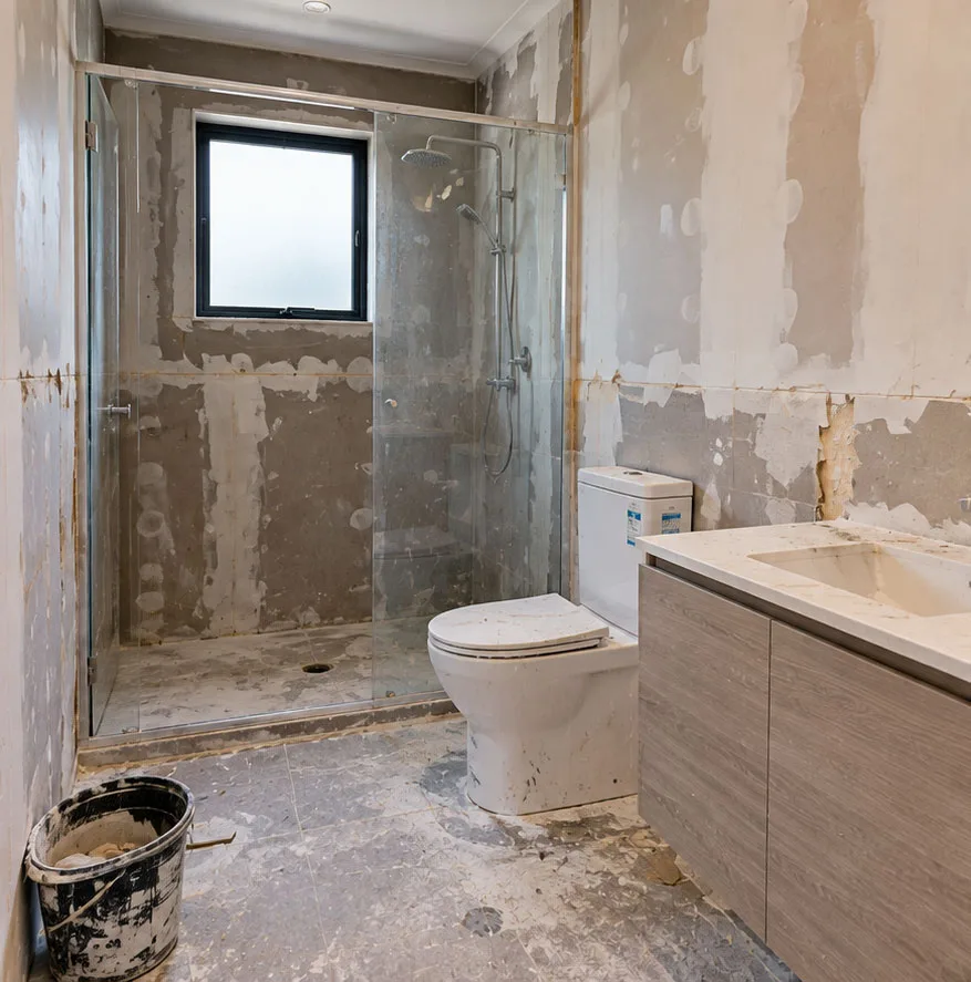 Bathroom renovation with dusty shower glass, plastered walls, a paint bucket and dirty tiled floors before a builders clean