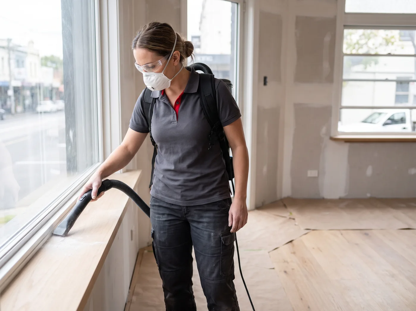 Cleaner in protective equipment removing construction dust from a newly renovated Melbourne property