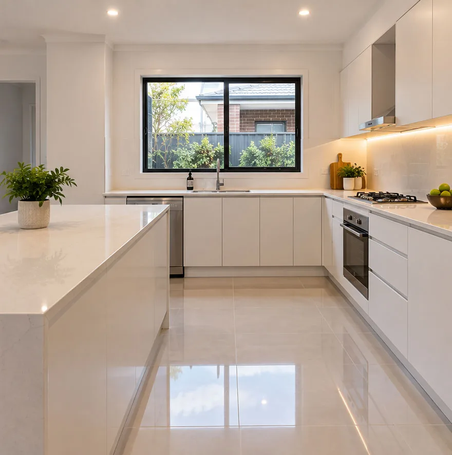 Same renovated kitchen handover-ready with polished benchtops, painted walls and glossy floors