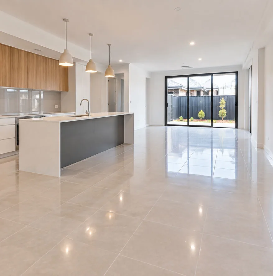 Same new-build kitchen and living area handover-ready with glossy tiled floors after a builders clean