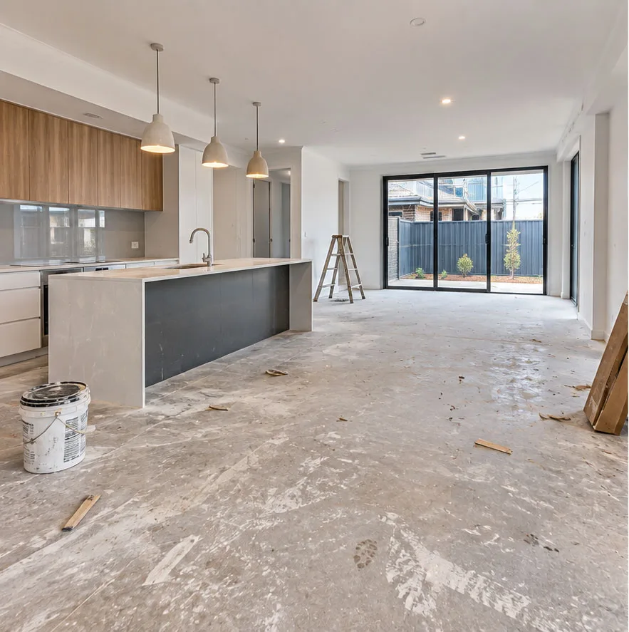 New-build kitchen and living area with construction dust, debris and a paint bucket on the floor before a builders clean