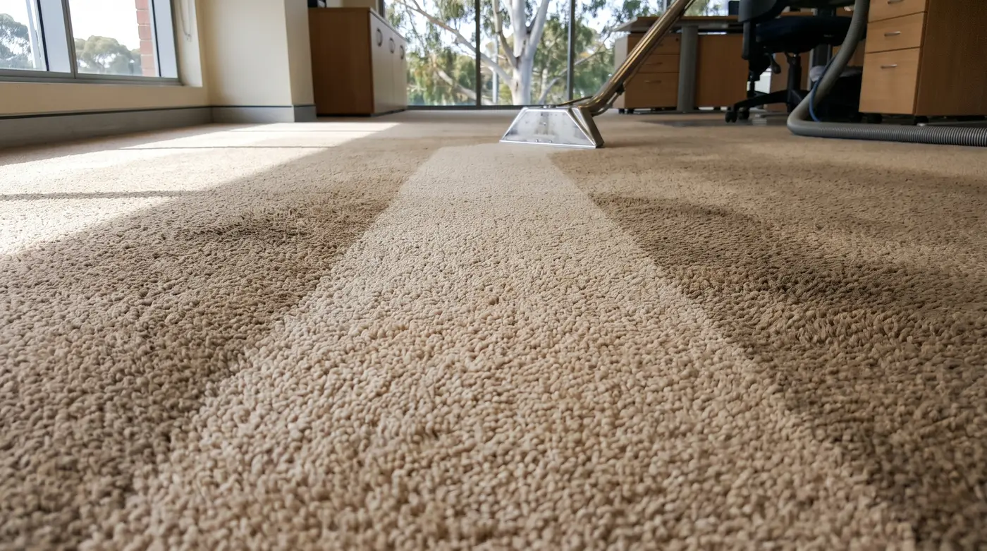 Clean extraction line showing treated carpet beside untreated carpet