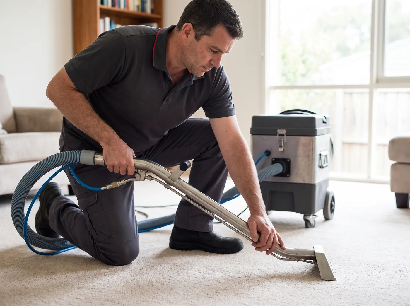 Technician steam cleaning carpet with a commercial hot water extraction wand