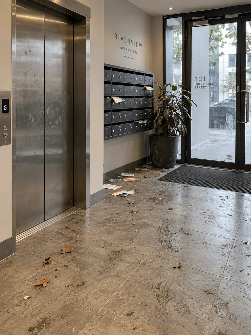 Apartment lobby with smudged lift doors, scattered mail, leaves and muddy footprints before a commercial clean