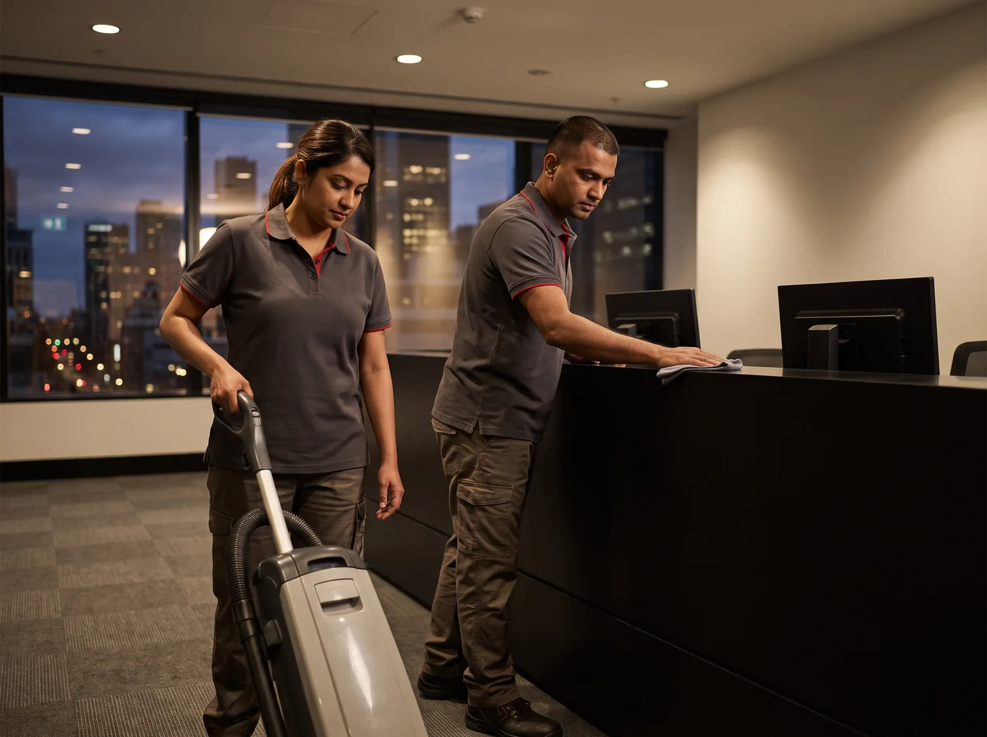 Cleaning team servicing a modern Melbourne office reception after hours