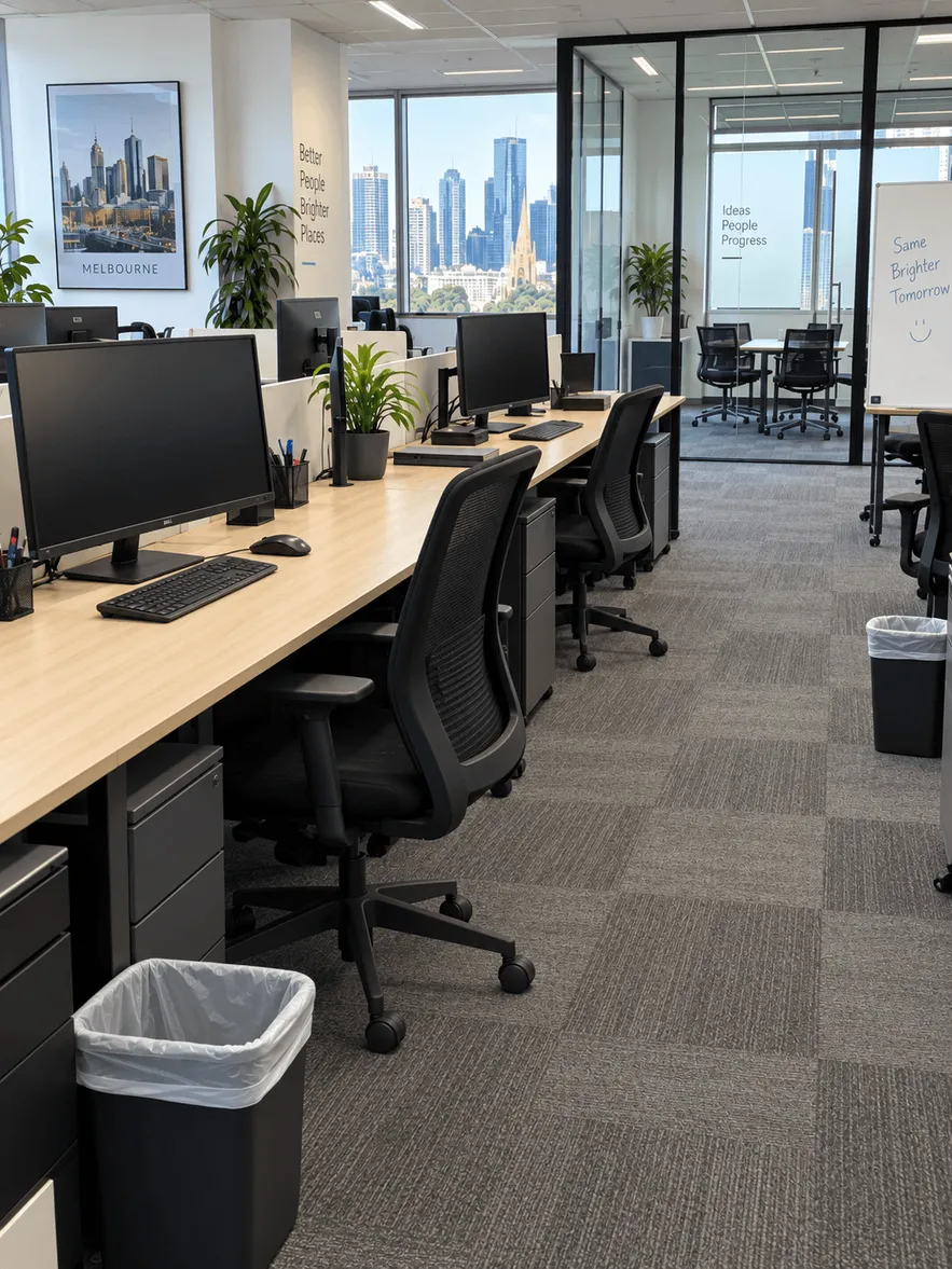 Same office fitout with clear desks, aligned chairs and vacuumed carpet after a commercial clean