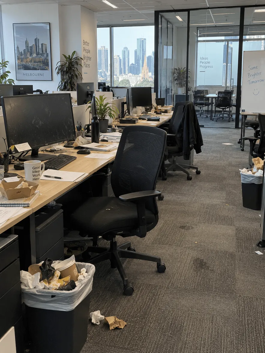 Melbourne office desks with paper, cups and litter on the carpet before a commercial clean