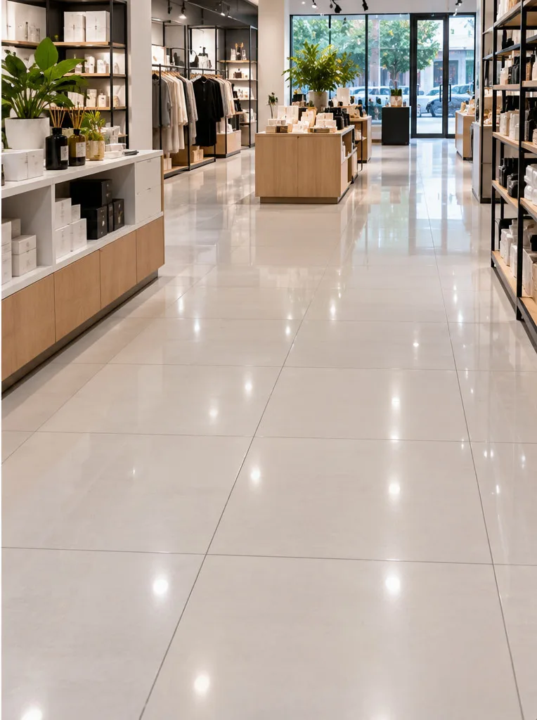 Same retail floor restored to a glossy, even finish after a commercial clean