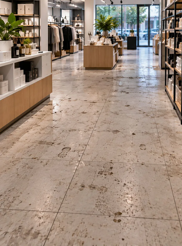 Retail store aisle with muddy footprints and dirt across the tiled floor before cleaning