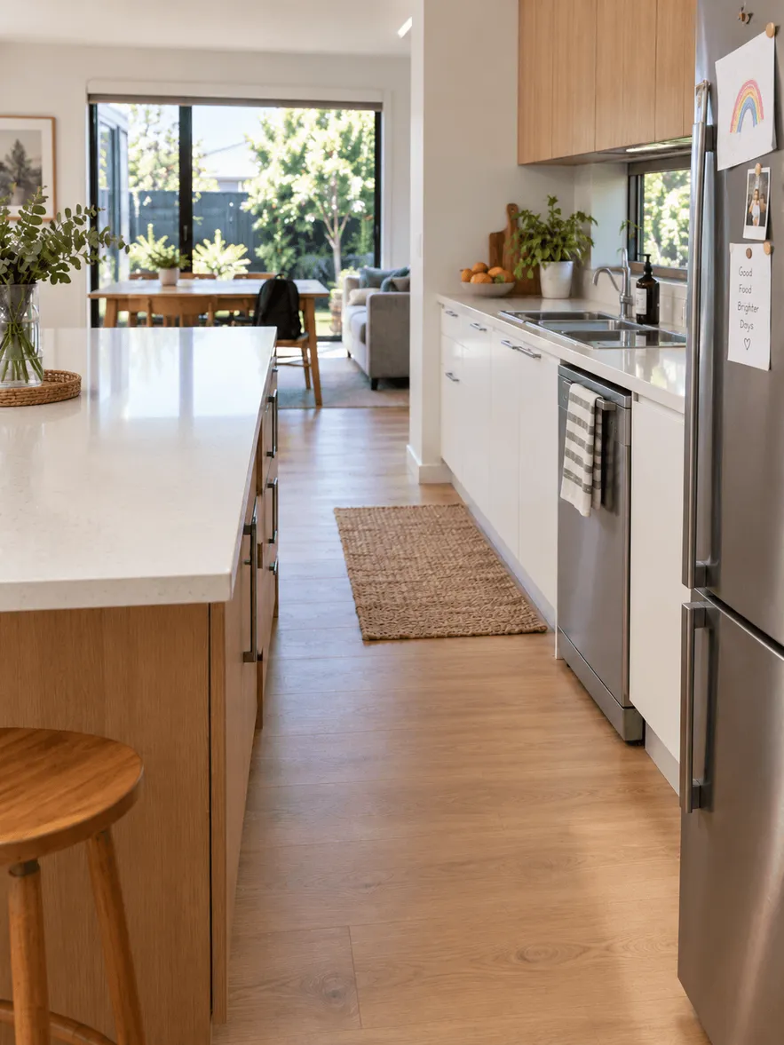 Same kitchen with clear, wiped benchtops and a clean sink after a regular home clean