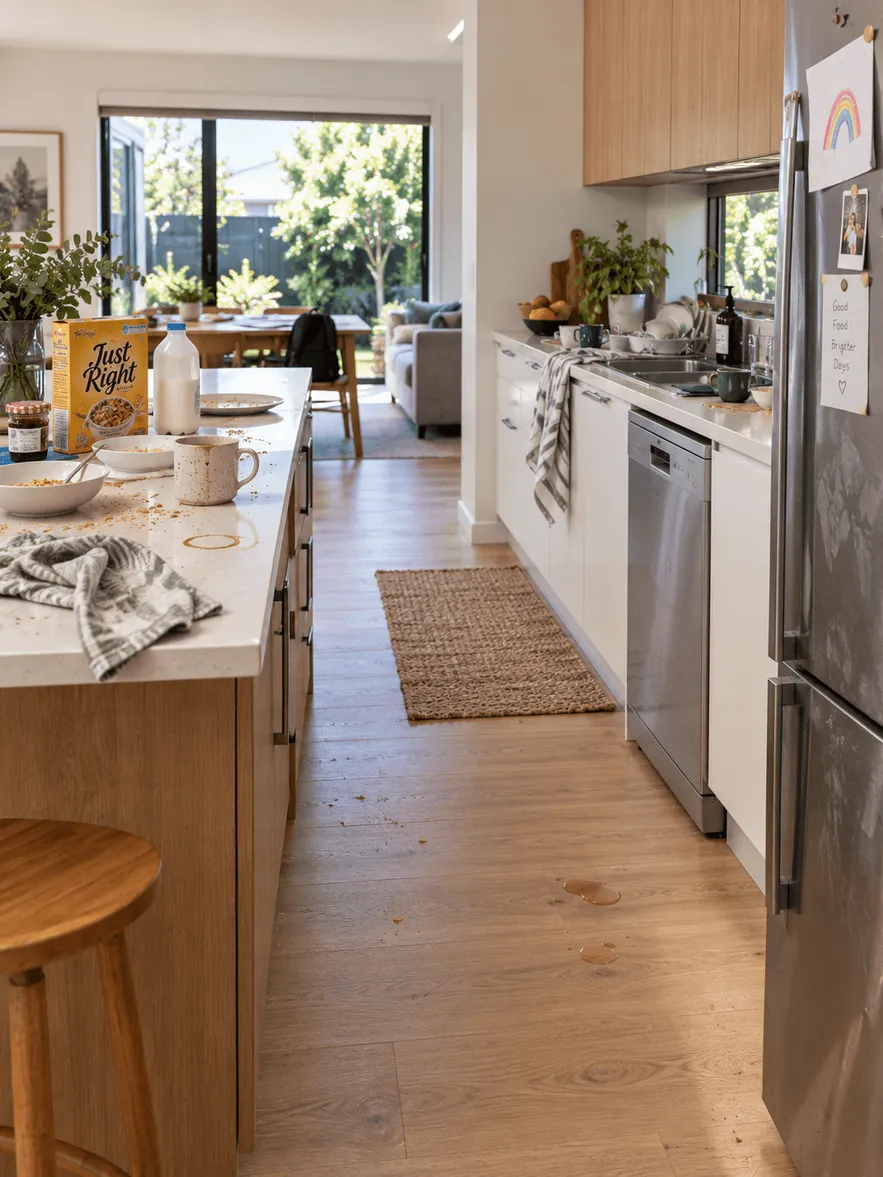 Lived-in kitchen with dishes, crumbs and clutter on the benchtop before a regular home clean