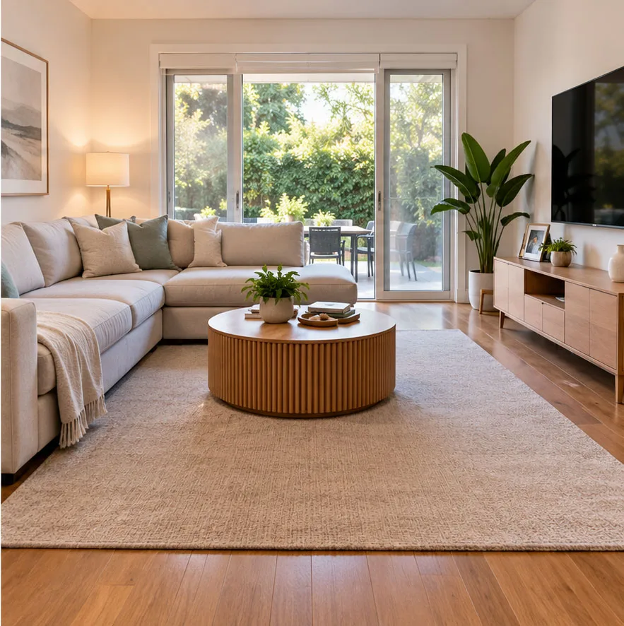 Same living room reset: sofa styled, rug clear and coffee table tidy after a domestic clean