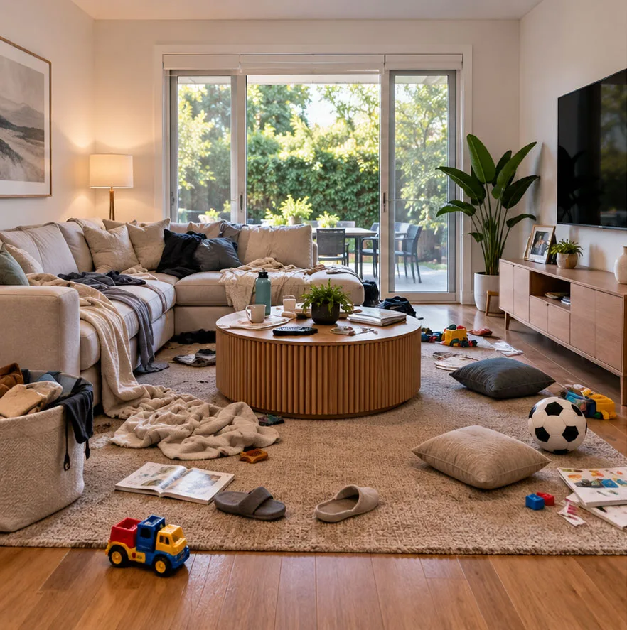 Family living room with toys, cushions and clutter on the rug before a domestic clean