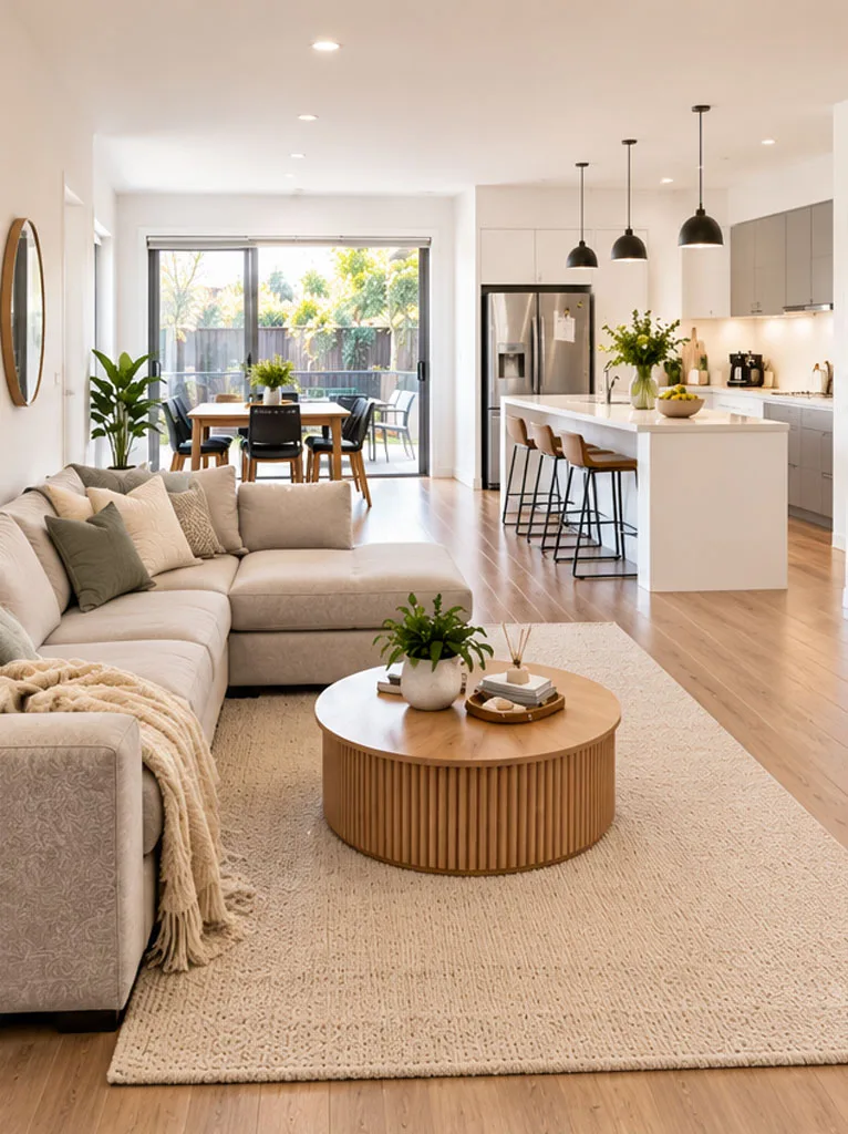 Same open-plan living and kitchen reset after a whole-home domestic clean