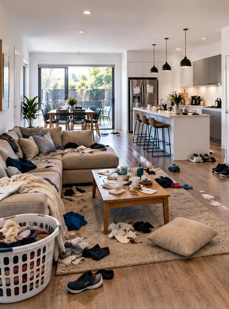 Open-plan living and kitchen scattered with laundry, dishes and shoes before a whole-home clean