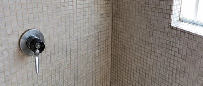 Grimy shower mosaic tiles and grout around the mixer tap before cleaning