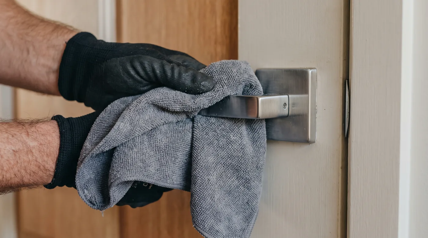 Gloved hands cleaning a door handle and light switch surround