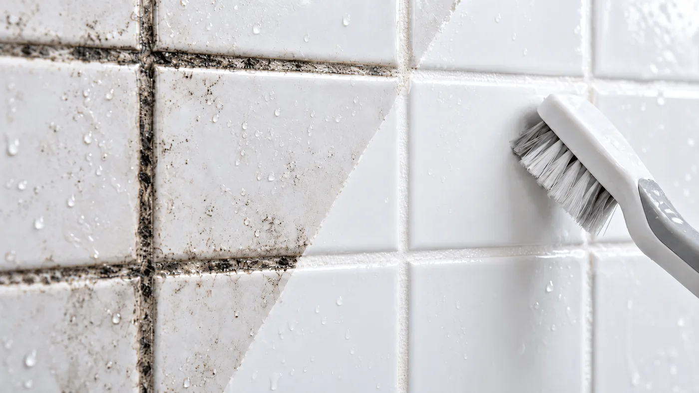 Shower wall tiles part way through grout cleaning, with mould-stained grout on the left and bright white grout on the right