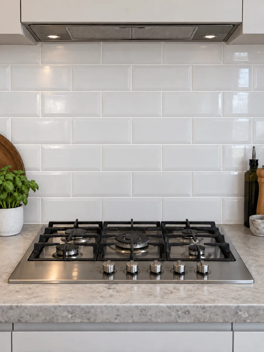 Same kitchen splashback with bright white tiles and clean grout after tile and grout cleaning
