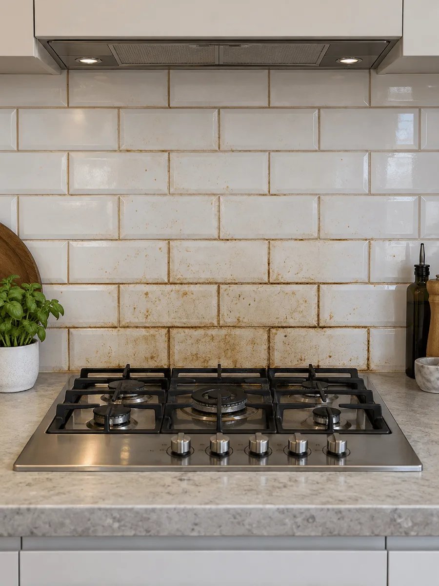 White subway-tile kitchen splashback with brown grease-stained grout and spattered tiles behind a gas cooktop before cleaning