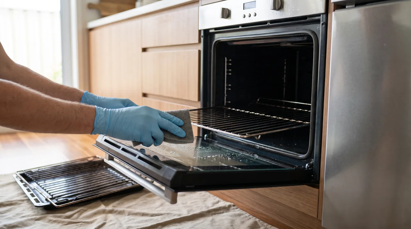 Gloved hands detailing the inside of an oven during a bond clean
