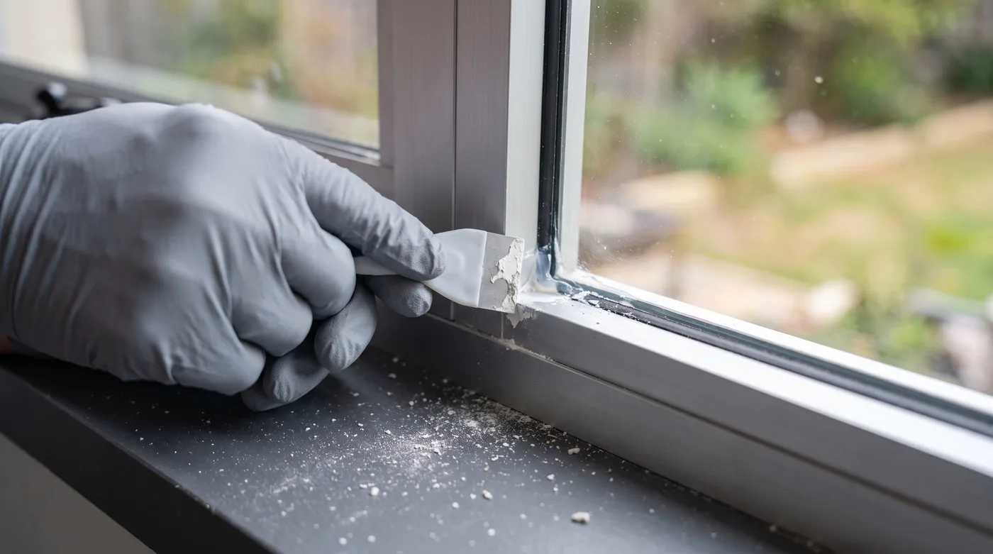 Gloved hand scraping paint and adhesive residue from a new window frame