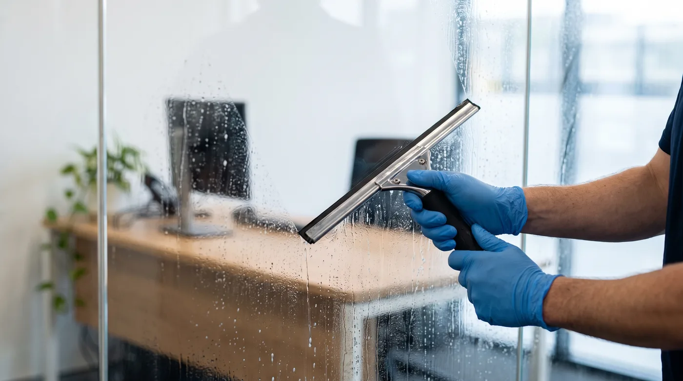 Gloved hands sanitising a glass partition and door handle in an office