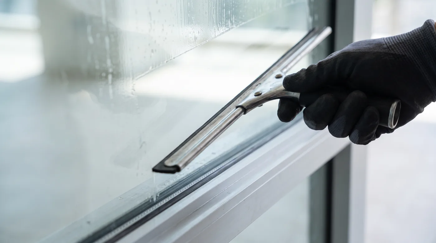 Squeegee drawing a clean line down interior glass beside a cleaned window track