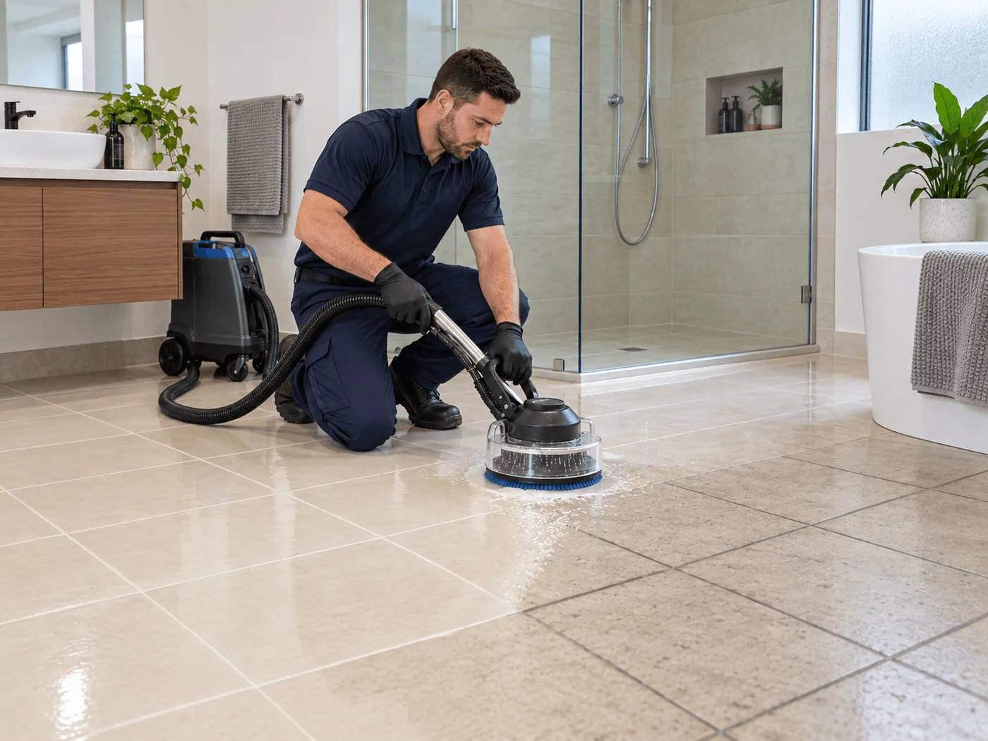 Technician using a rotary tile and grout cleaning machine on a bathroom floor, with the cleaned tiles shining behind him