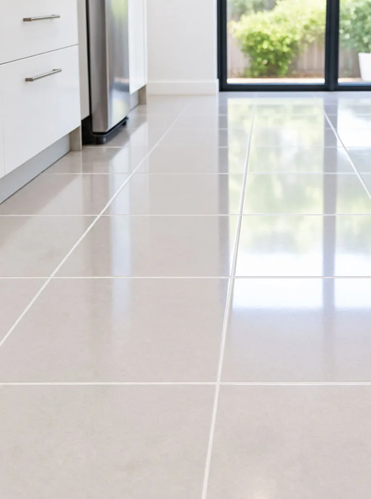 Same kitchen floor tiles restored with bright grout and a clean, even finish