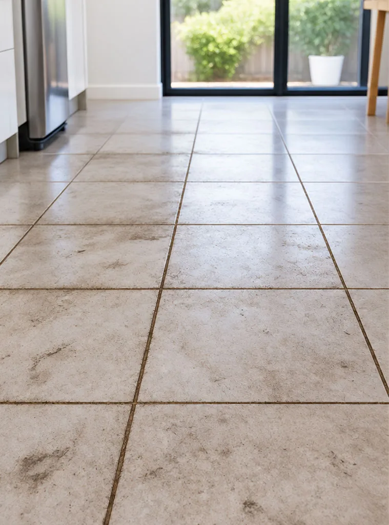 Kitchen floor tiles with stained surfaces and darkened grout lines before cleaning