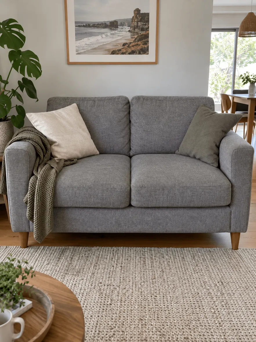 Same grey 2-seat lounge with even, clean fabric after professional upholstery cleaning