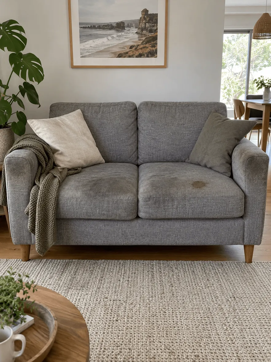 Grey fabric 2-seat lounge with soiled, darkened cushions before upholstery cleaning