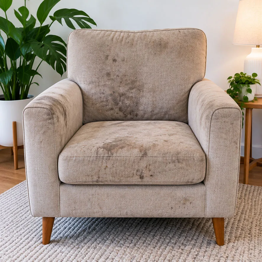 Beige fabric armchair with soiled seat and darkened backrest before upholstery cleaning