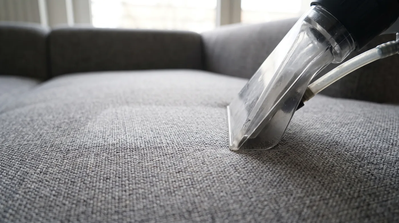 Upholstery extraction head lifting a stain from sofa fabric