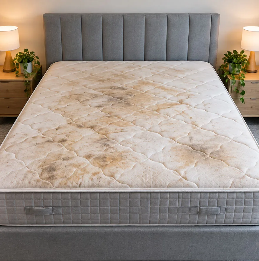 Quilted mattress with brown stains and discolouration before a professional clean
