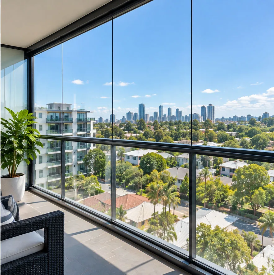 Same balcony glazing streak-free with a clear city skyline view after professional cleaning