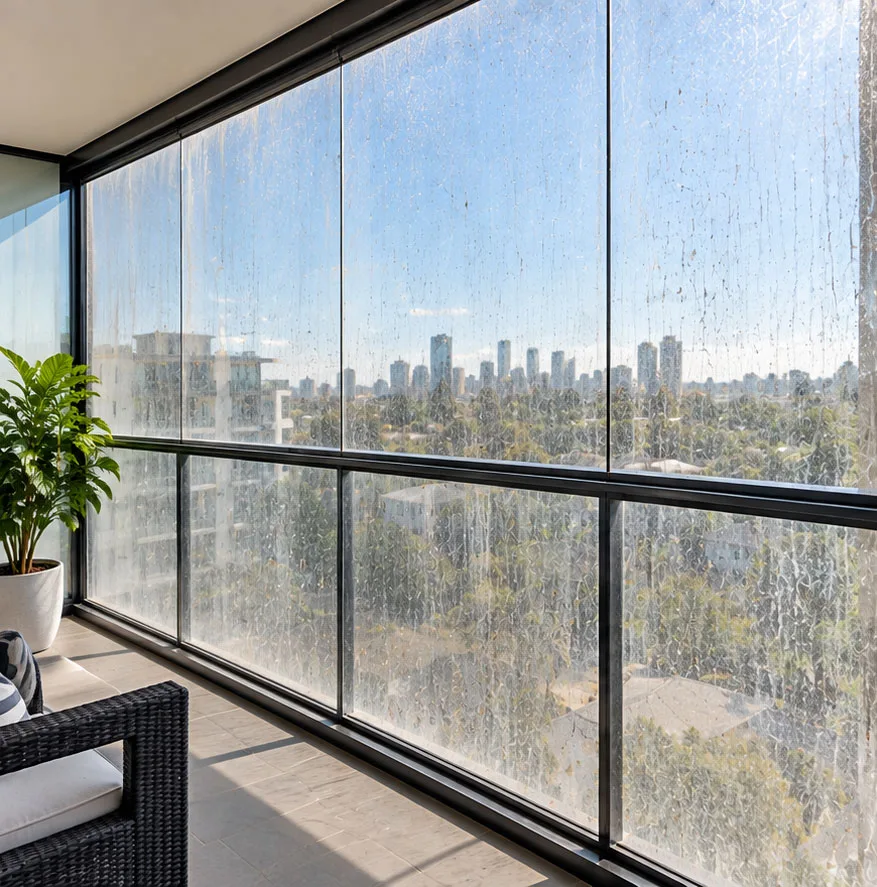 Apartment balcony glazing streaked with dirt and water marks obscuring the city view