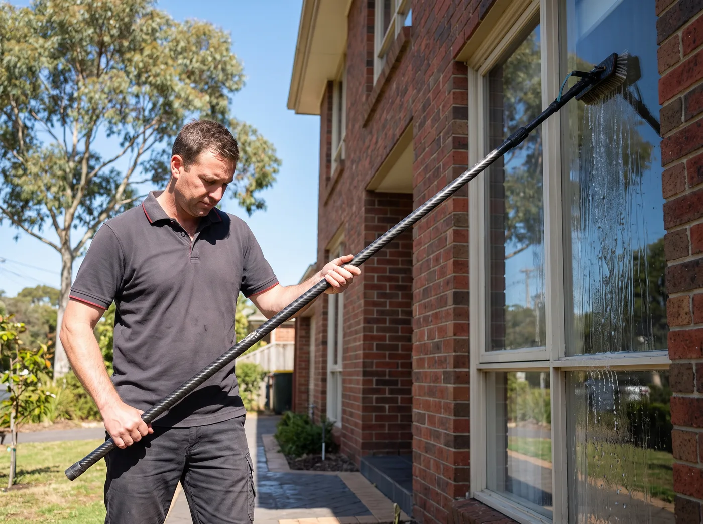 Window cleaner using a purified water reach pole on a Melbourne home
