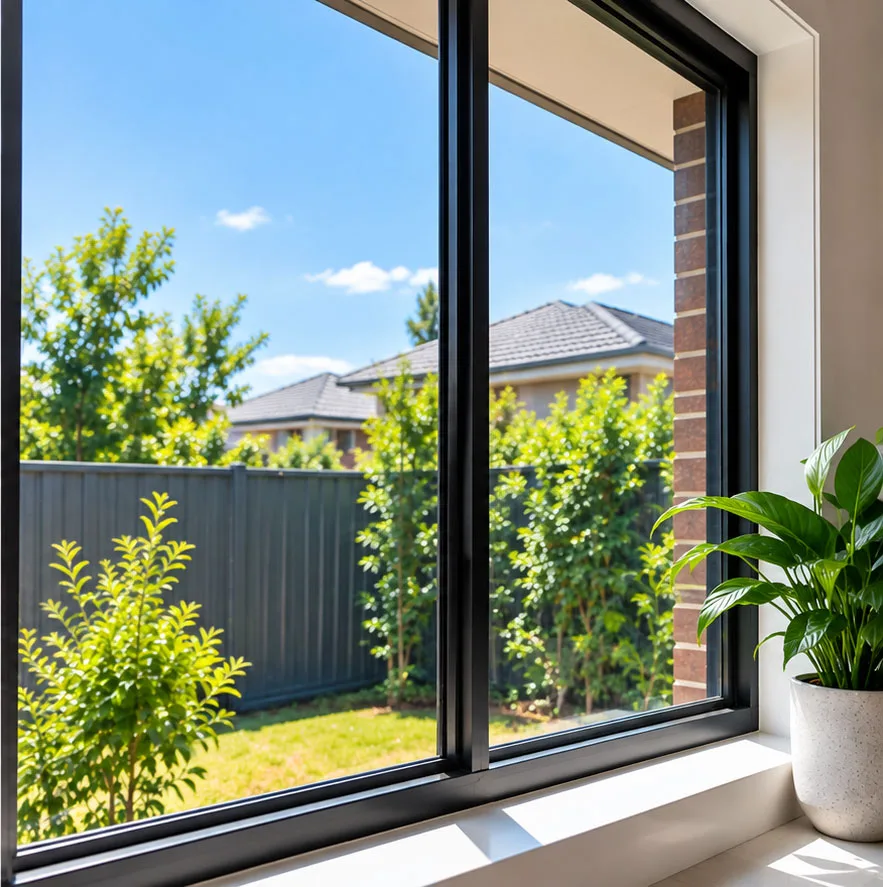 Same home window streak-free with a clear view of the backyard after professional cleaning
