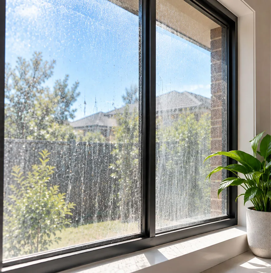 Home window glass streaked with dirt and water marks looking out to a suburban backyard
