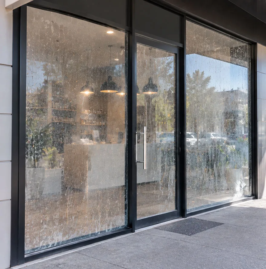 Retail shopfront glass streaked with dirt and water marks before professional cleaning