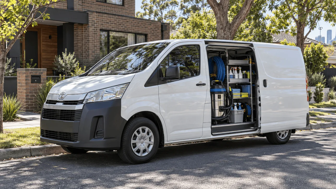 Service van parked outside a Melbourne home at the start of a job