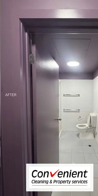 Same bathroom after repainting the walls, ceiling, door and frame in a deep purple finish