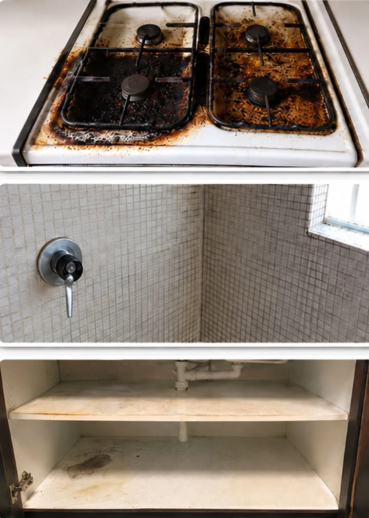 Burnt-on grease across a gas cooktop, grimy shower tiles and a stained under-sink cupboard before an end of lease clean