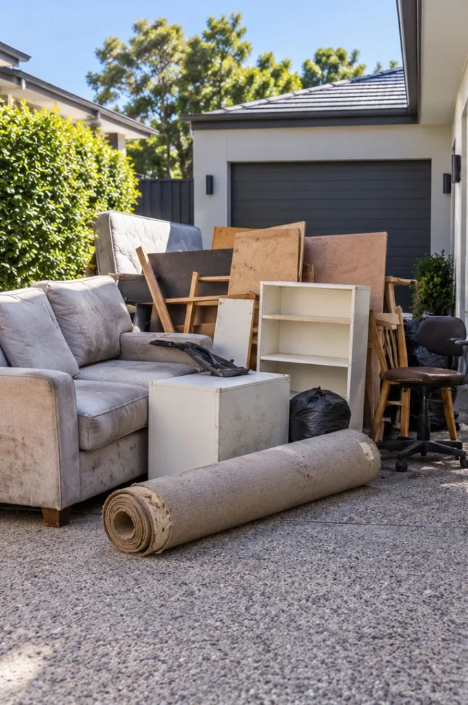 Sofa, furniture and rolled carpet piled on a Melbourne driveway before a hard rubbish collection